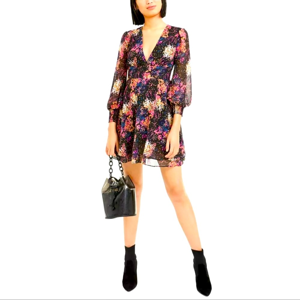 BAR III new without tags Black Multi Printed Blouson-sleeve Flare Dress M